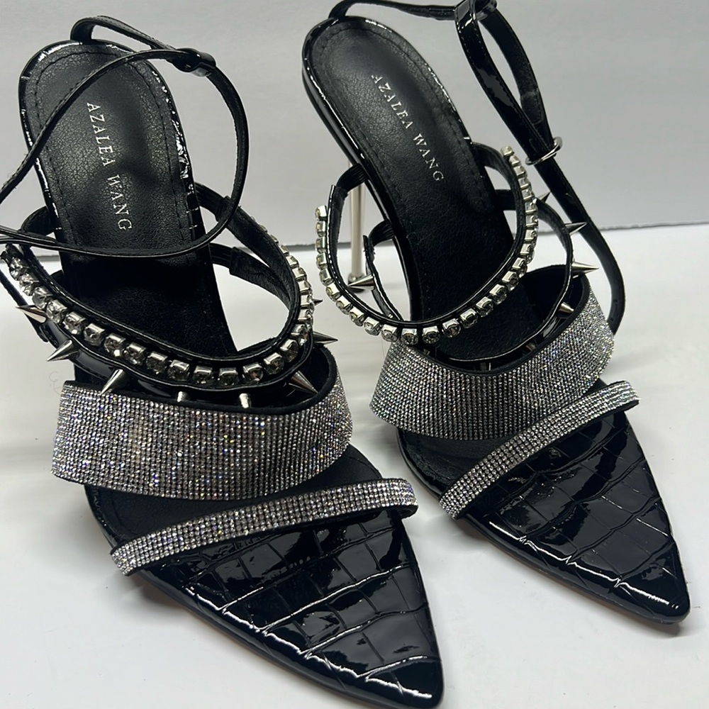Azale wang Embellished strappy heels size 8.5 black silver rhinestone